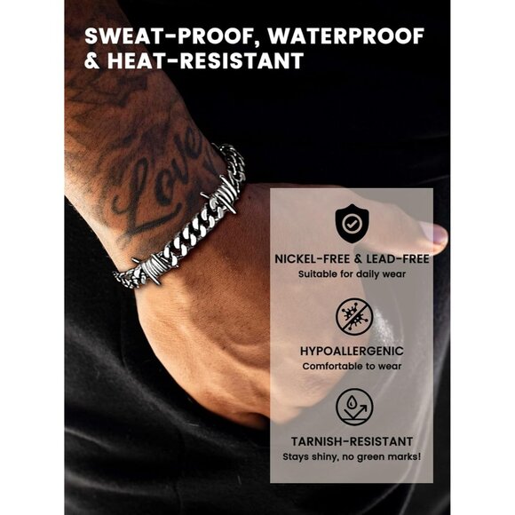 Punk Gothic Barbed Wire Bracelet 7/9mm Thick Cuban Chain for Men and Women - Picture 3 of 9